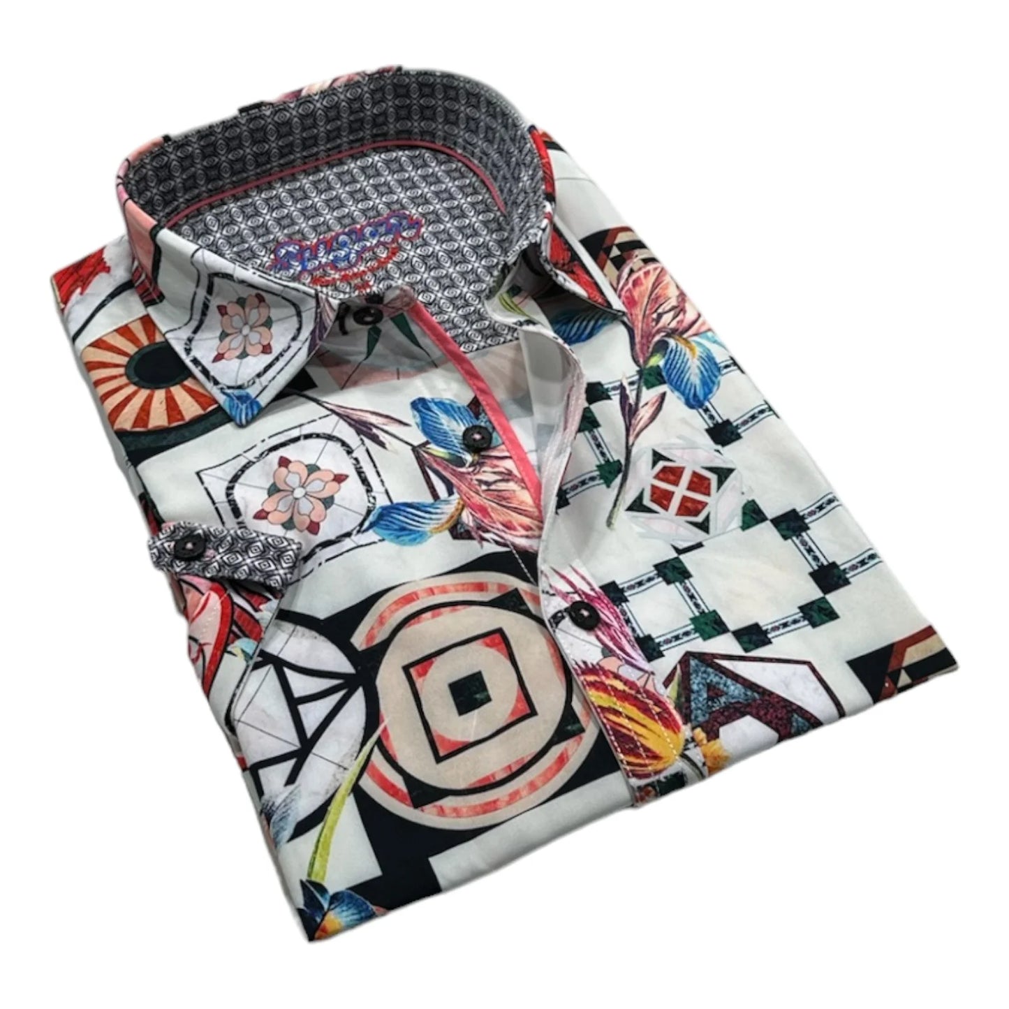 Folded shirt with colorful abstract pattern on a white background