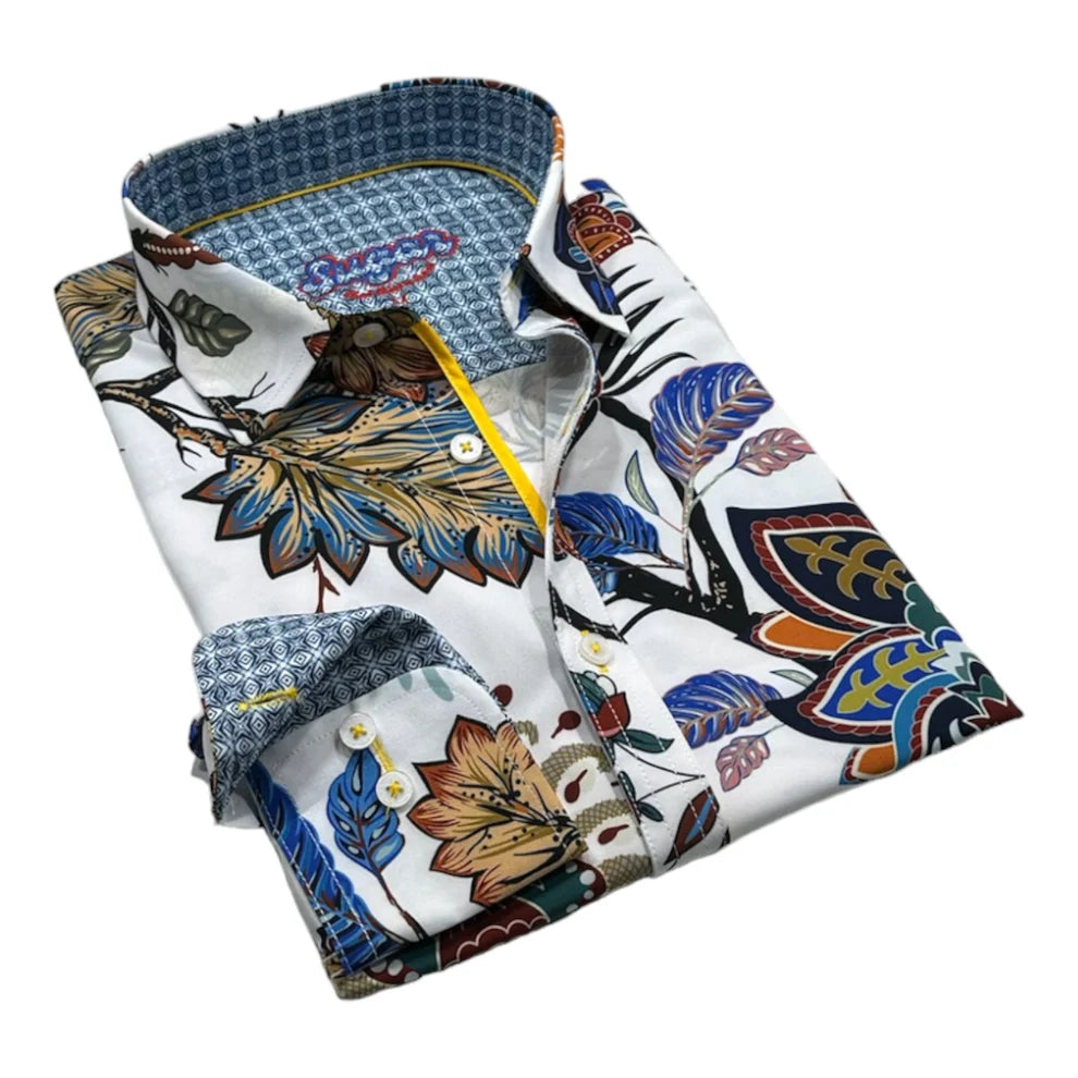 Folded shirt with colorful floral pattern on a white background