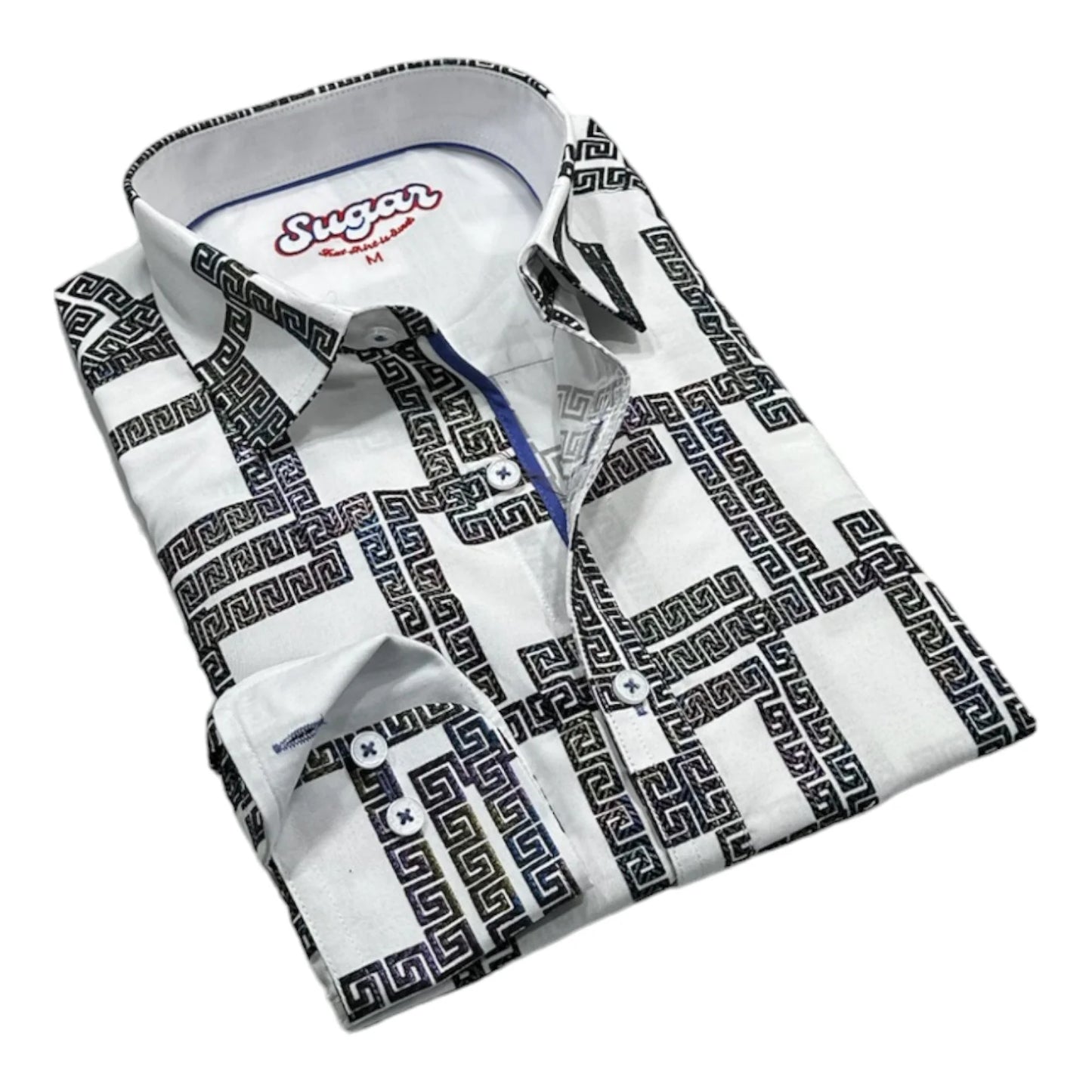 Folded white shirt with black geometric pattern on a plain background