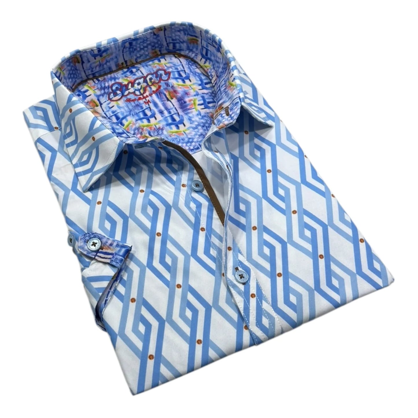 Folded blue and white geometric patterned shirt on a white background