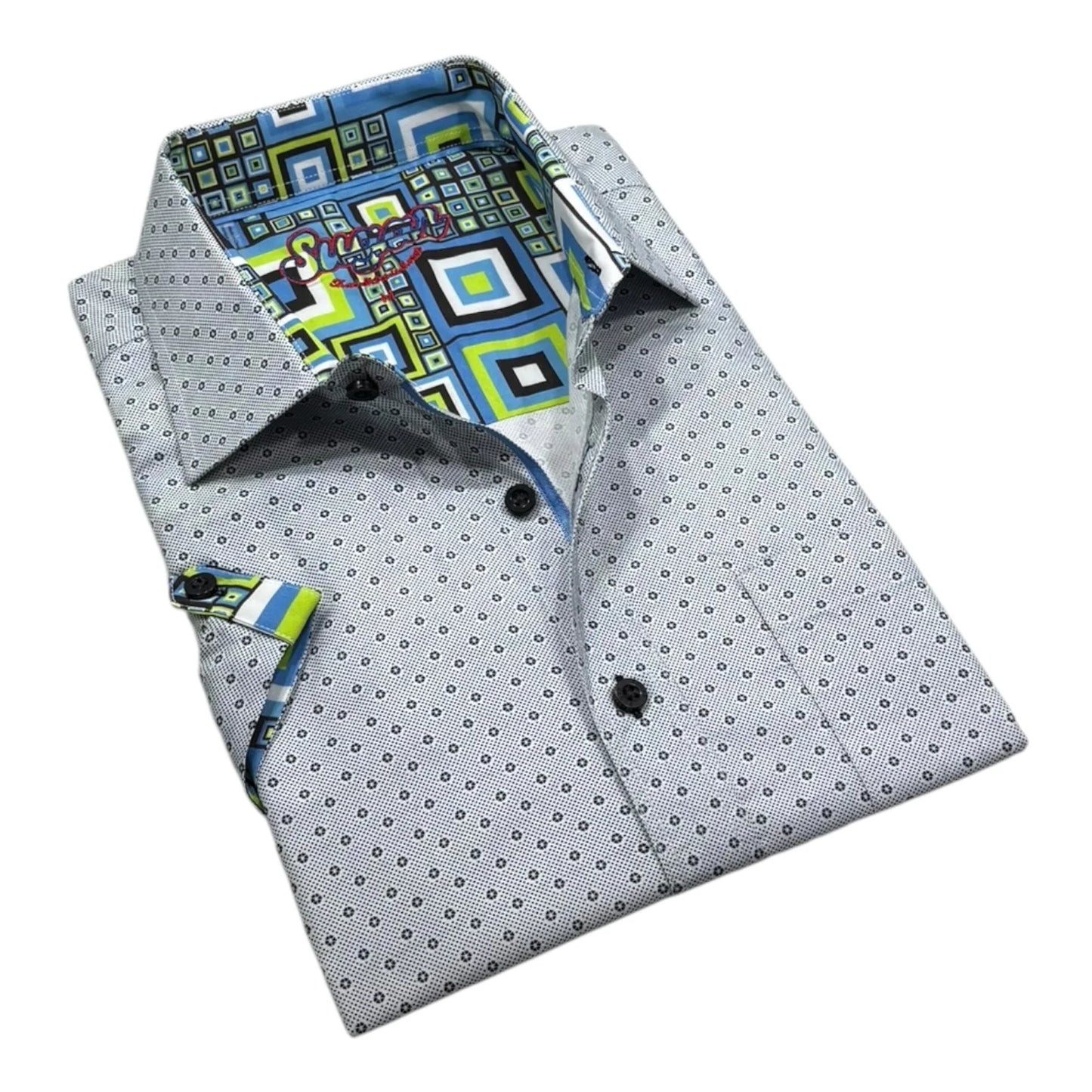 Folded dress shirt with geometric patterned collar and pocket square on a white background