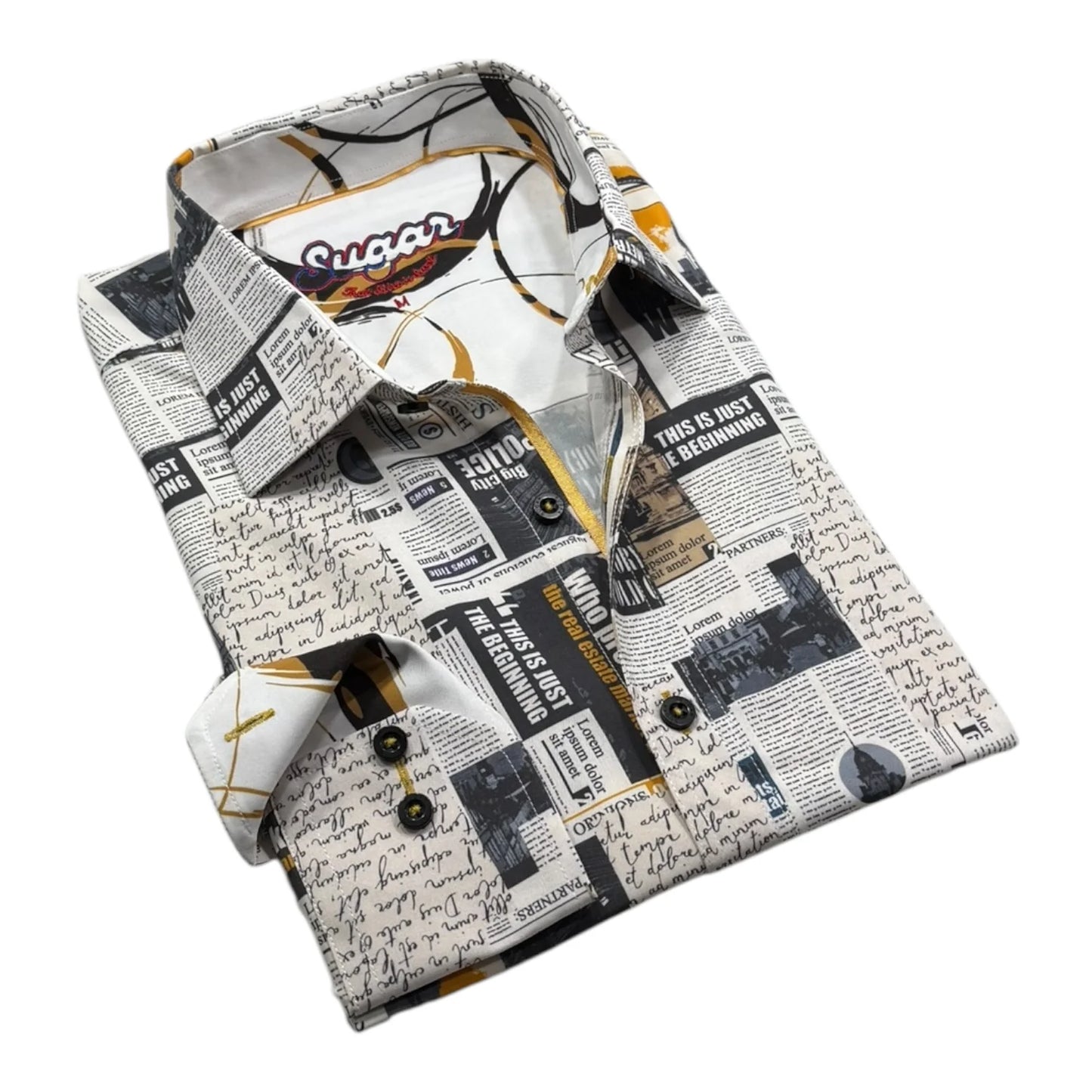Folded shirt with newspaper print on a white background