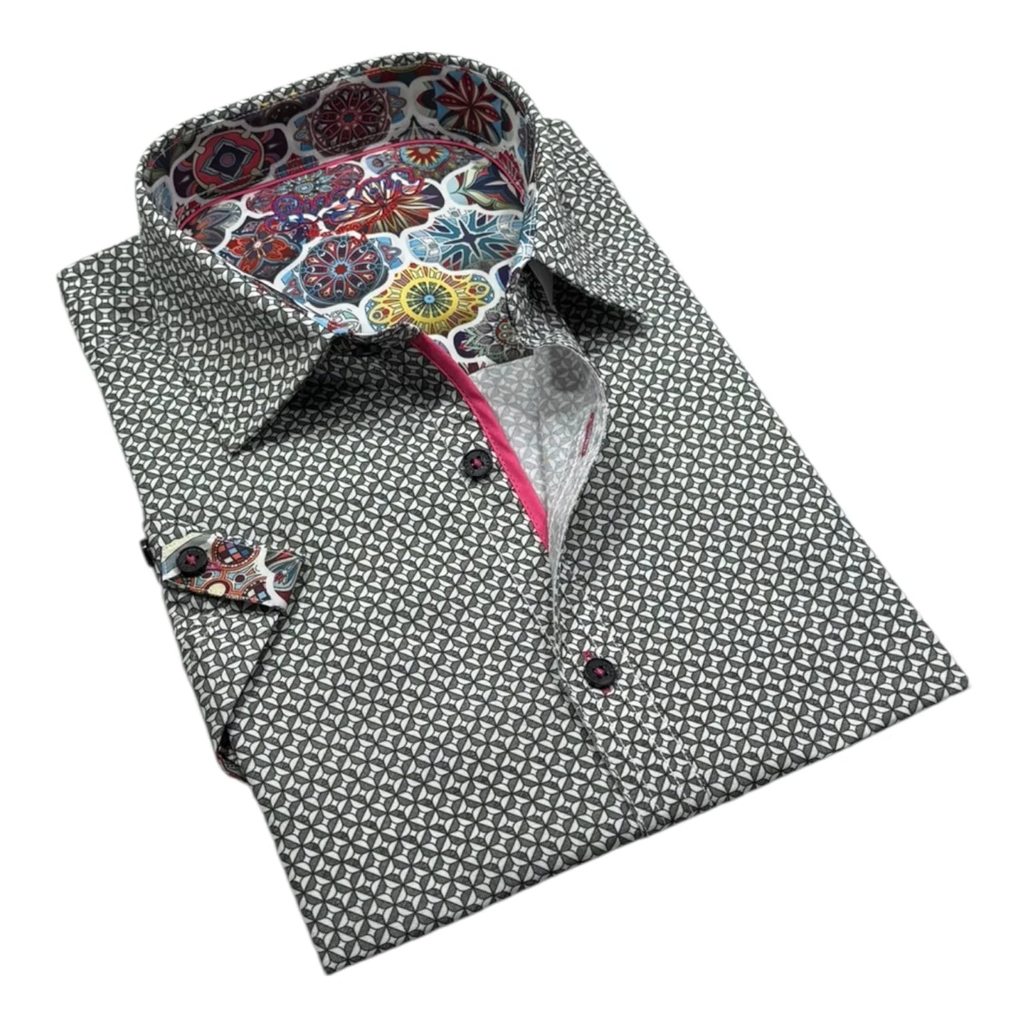 Folded shirt with a colorful patterned collar on a white background