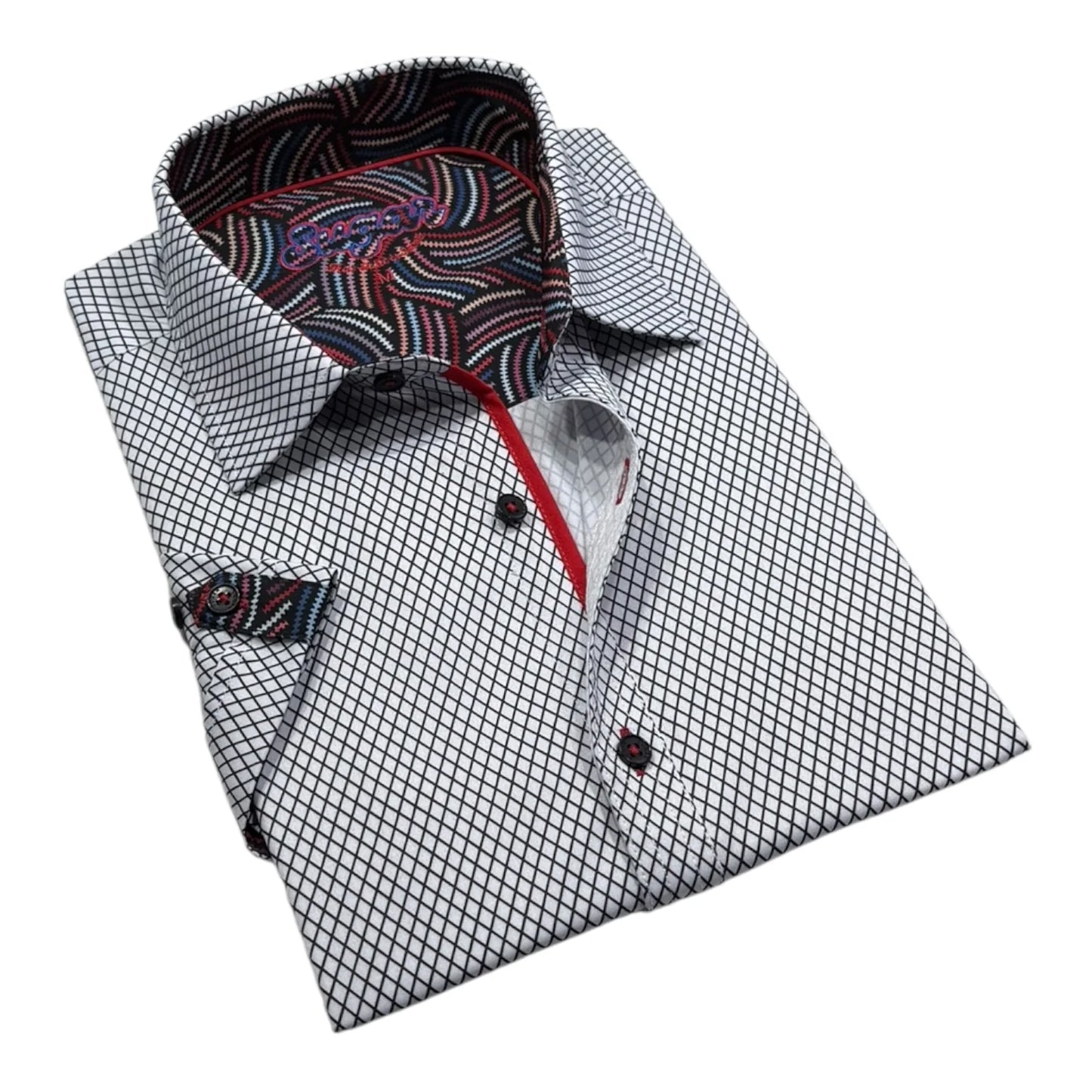 Men's dress shirt with patterned collar and cuffs on a white background