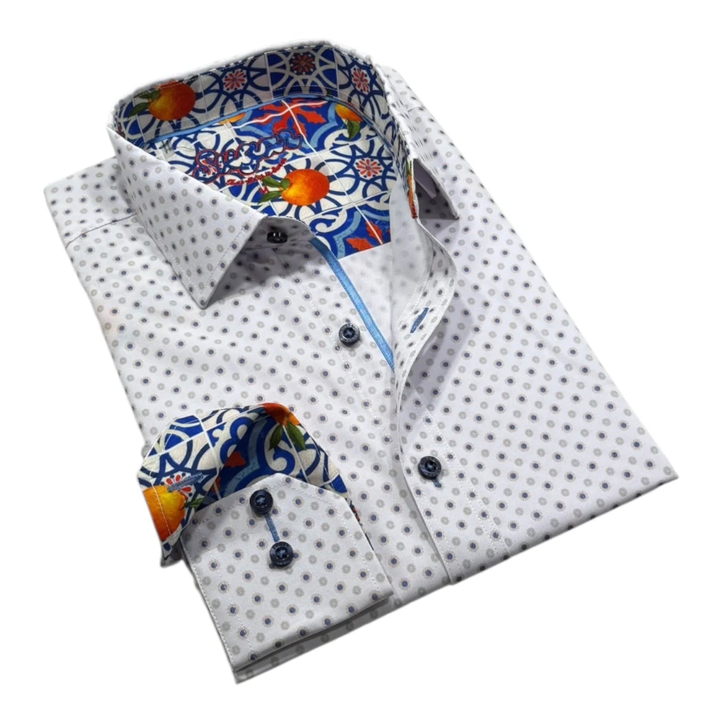 Folded shirt with a patterned collar on a white background