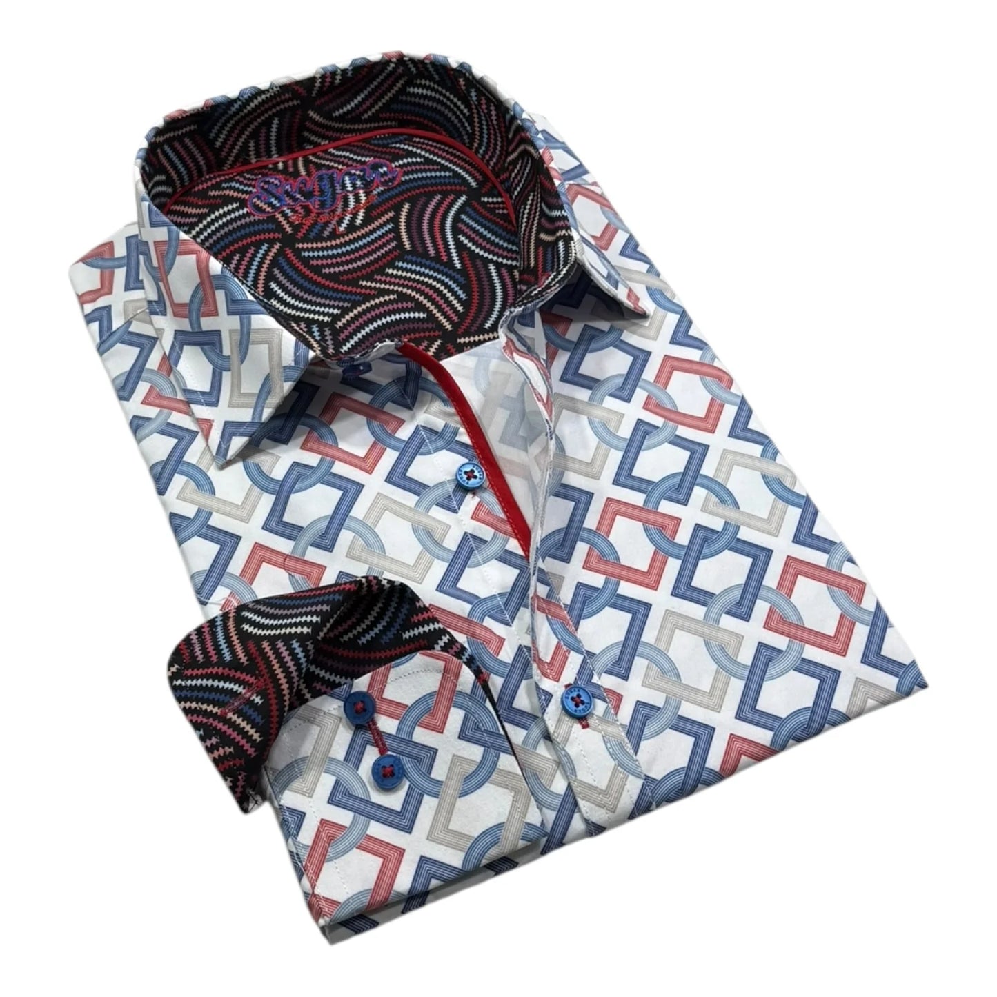 Folded shirt with geometric pattern and patterned collar on a white background