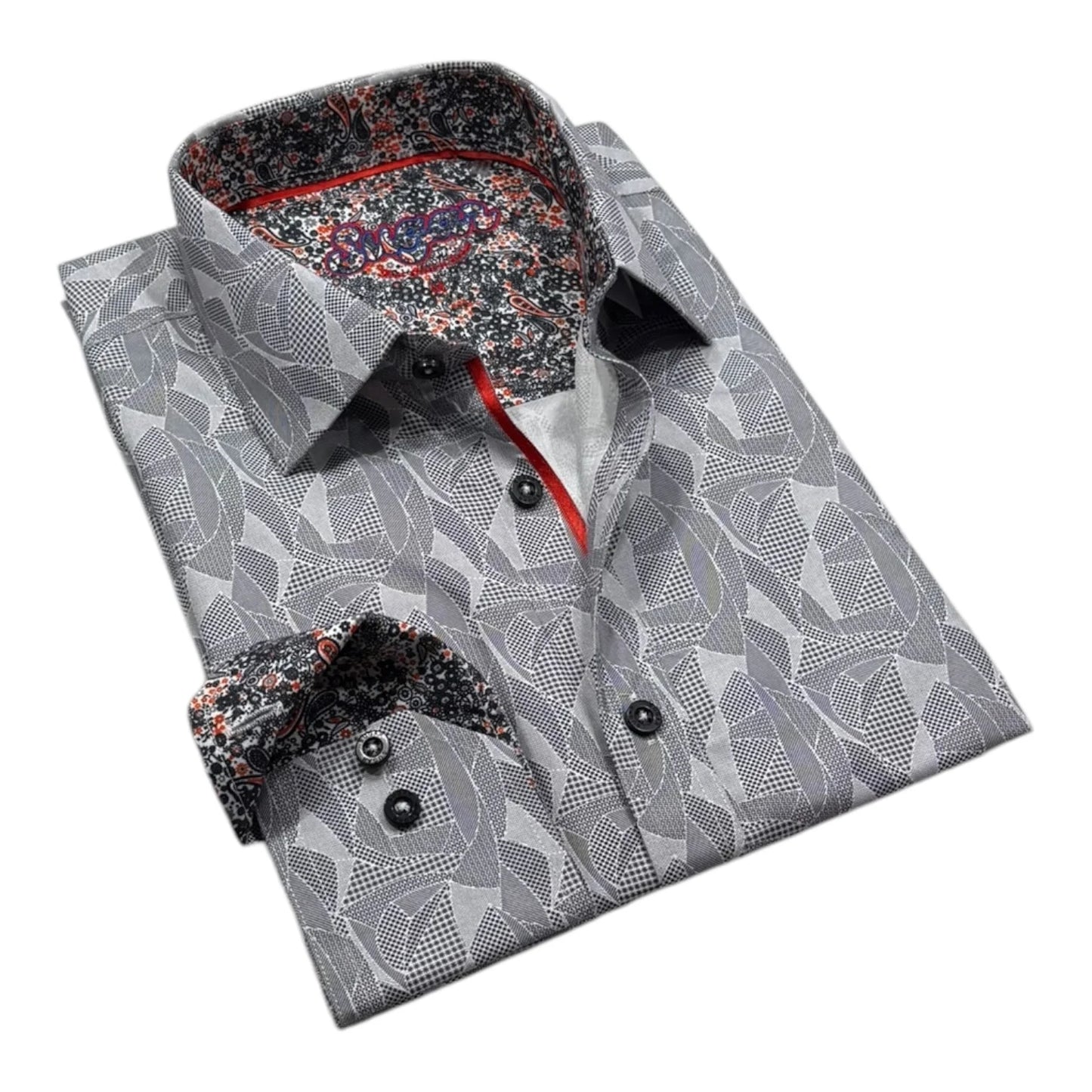 Gray patterned shirt with floral collar on a white background