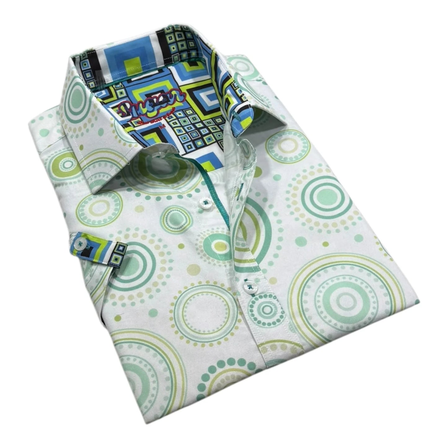 Folded shirt with geometric and circular patterns on a white background