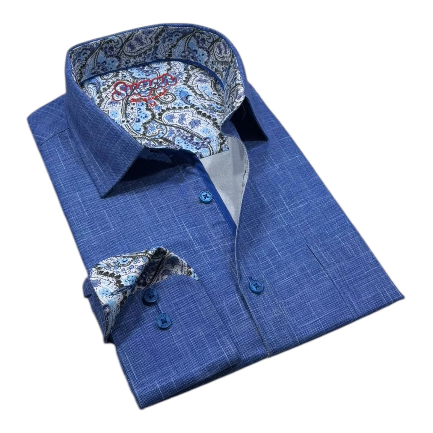 Blue checkered dress shirt with patterned collar and pocket square on a white background