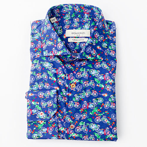A navy, slim Bomonti sport shirt with a bicycle pattern.