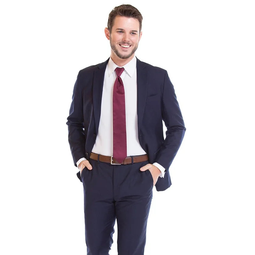 Navy blue tux with 2025 burgundy tie