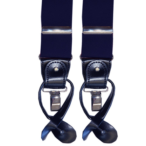 Navy blue suspenders by Knotz. Convertible, stretchy.