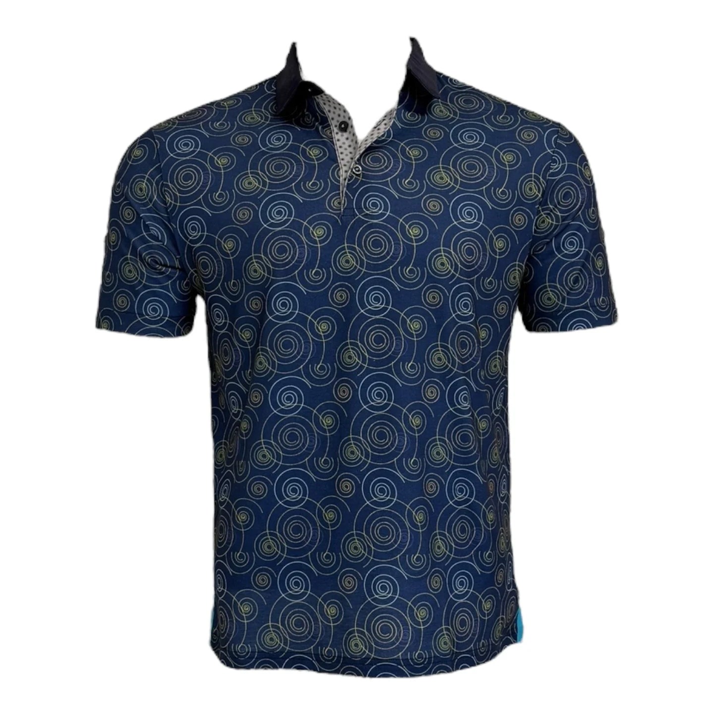 Navy blue polo shirt with circular pattern on a white background