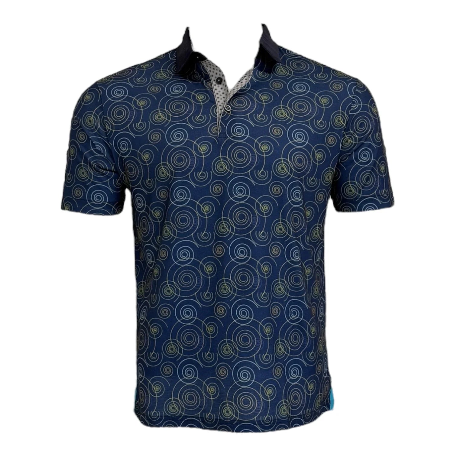 Navy blue polo shirt with circular pattern on a white background
