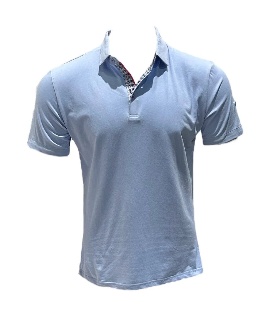 Light blue polo shirt on a mannequin with a white background