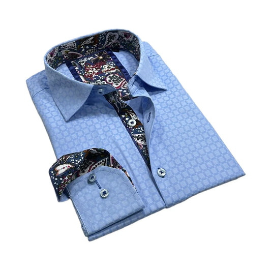 Light blue dress shirt with patterned collar and cuffs on a white background