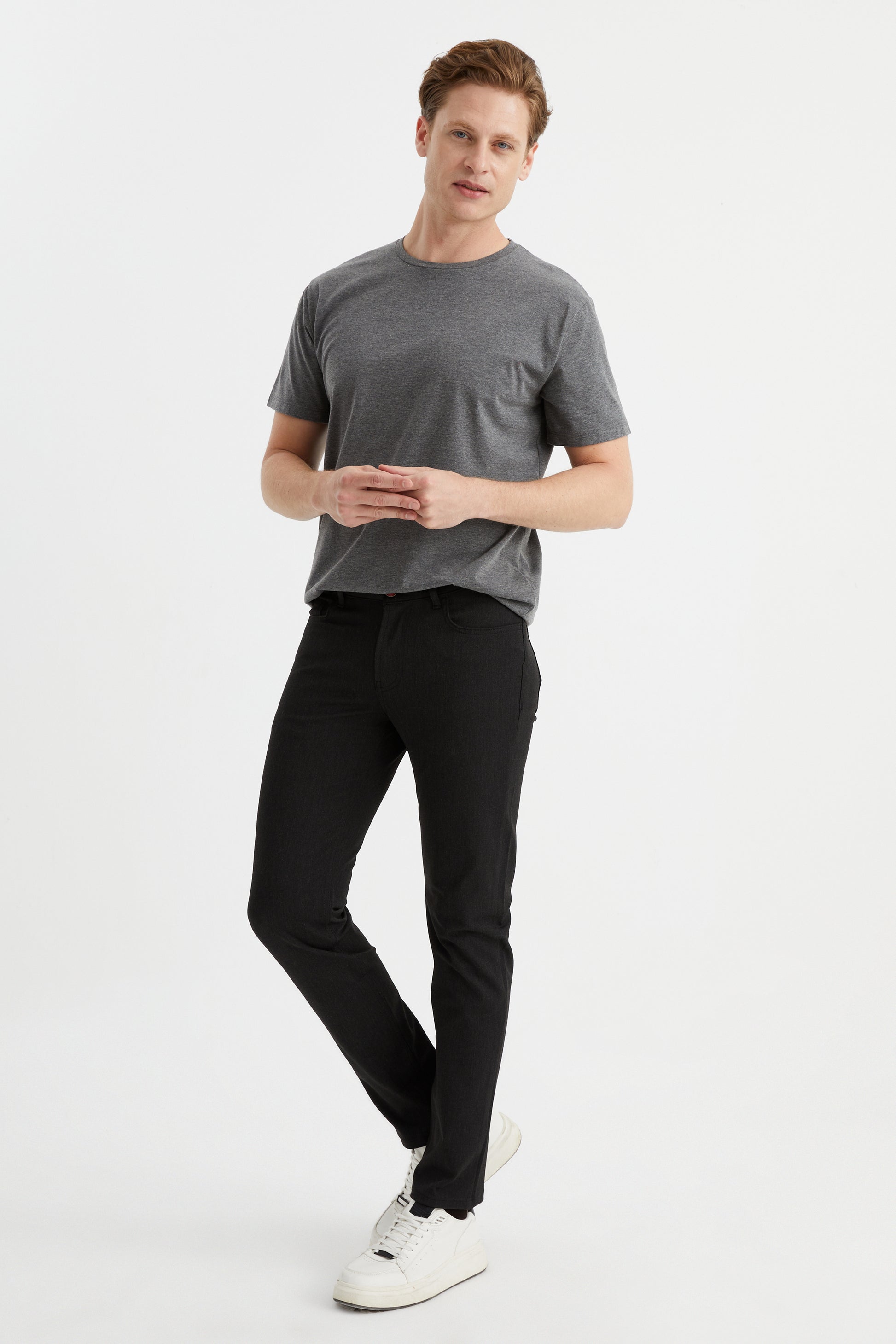 DFR89 men's slim grey dress pants. Wrinkle resistant and stretchy, for the ultimate combination of style and comfort.