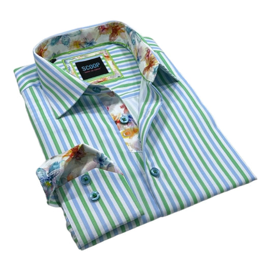 Striped shirt with floral cuffs and collar on a white background