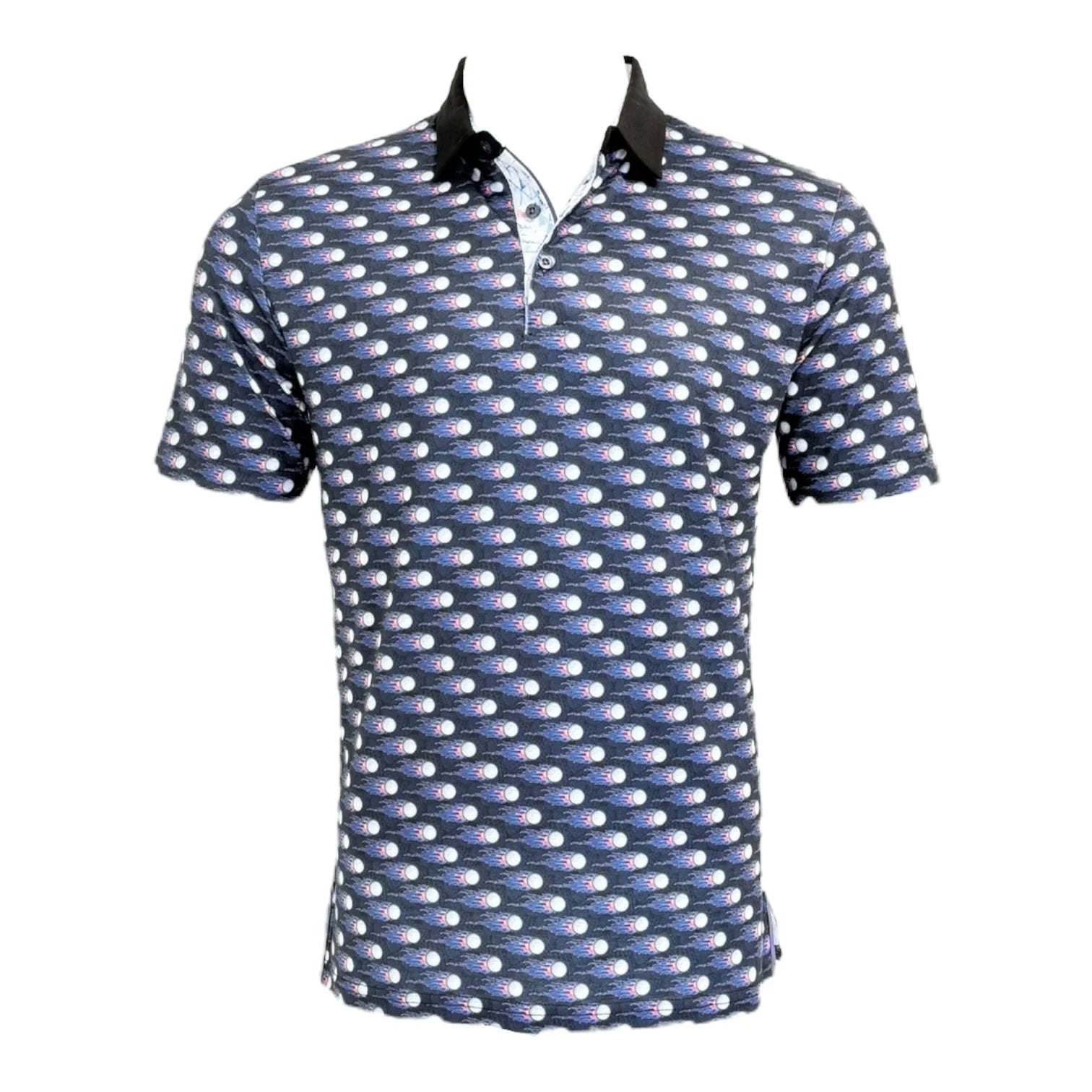 Patterned polo shirt on a white background
