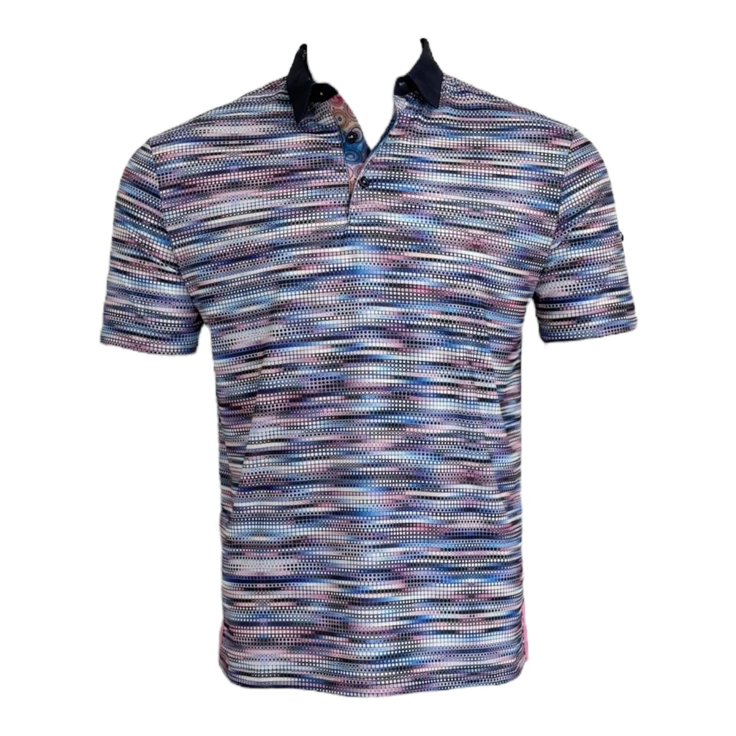 Multicolored patterned polo shirt on a white background