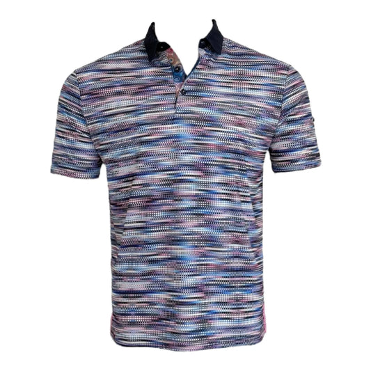 Multicolored patterned polo shirt on a white background