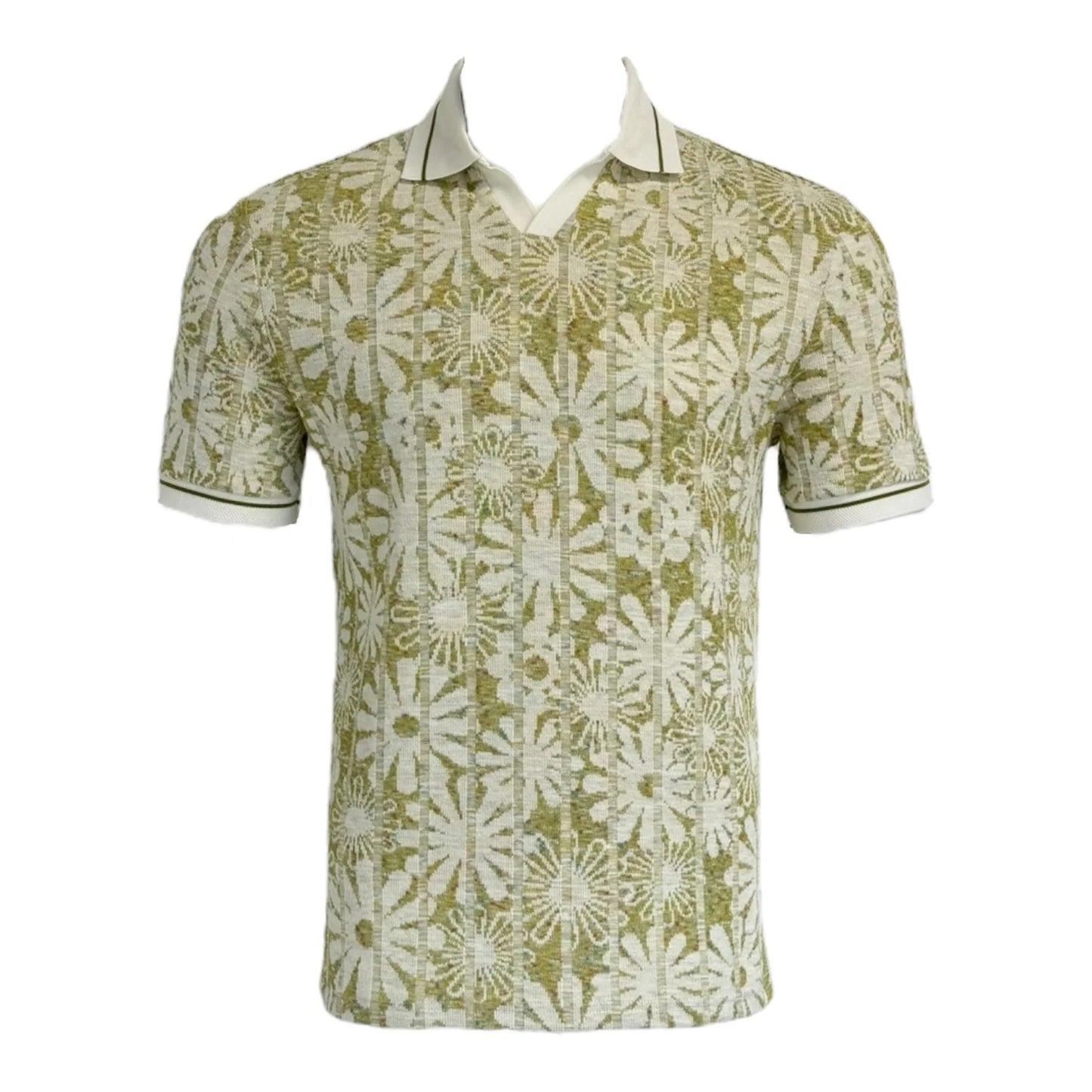 Green and white patterned polo shirt on a white background