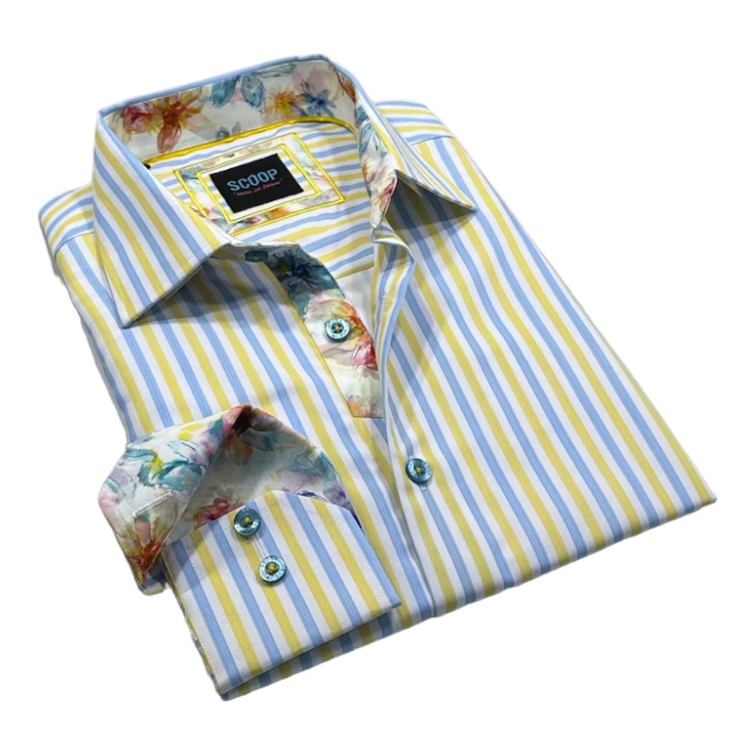 Folded striped shirt with floral collar and sleeve details on a white background