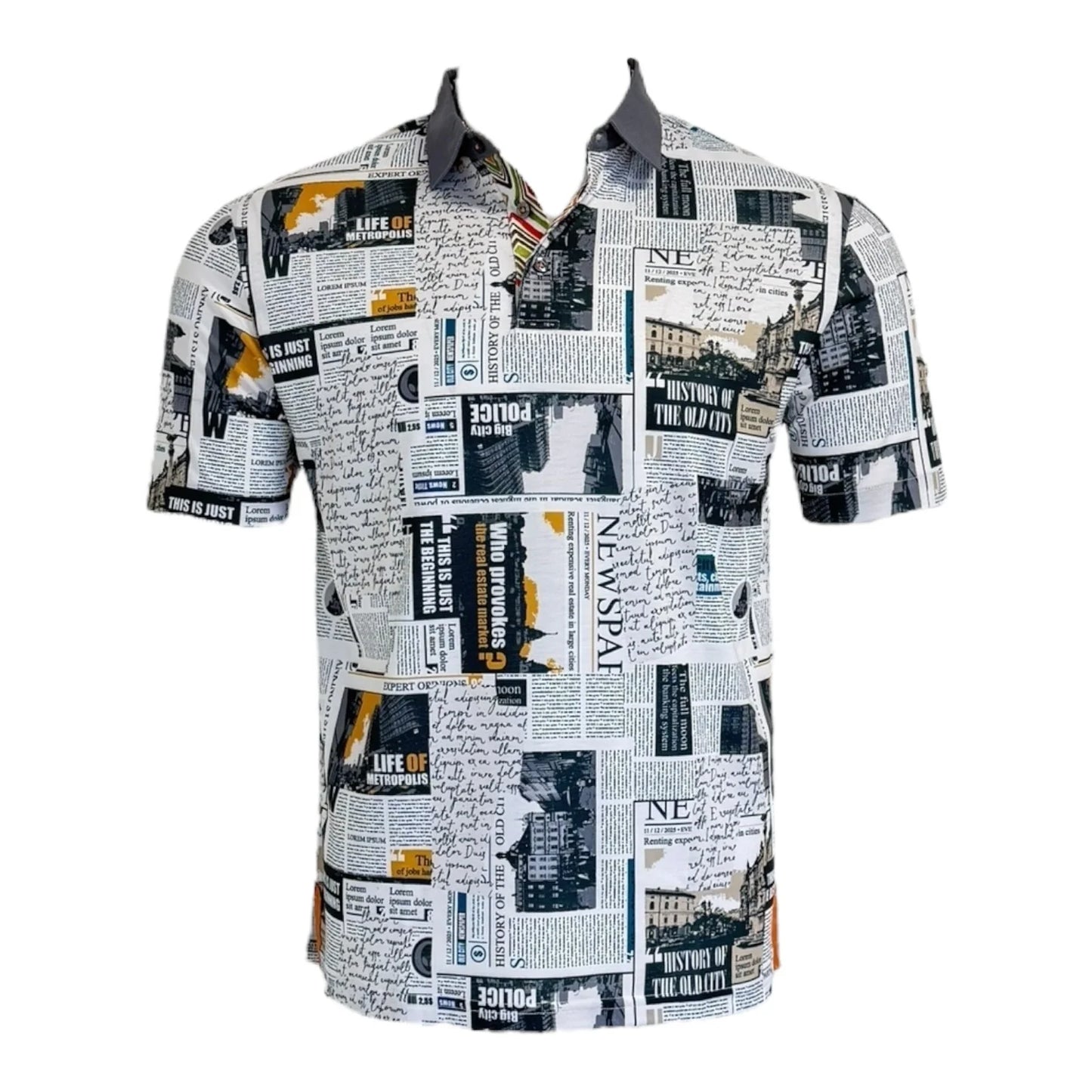 Short-sleeve shirt with newspaper print on a white background