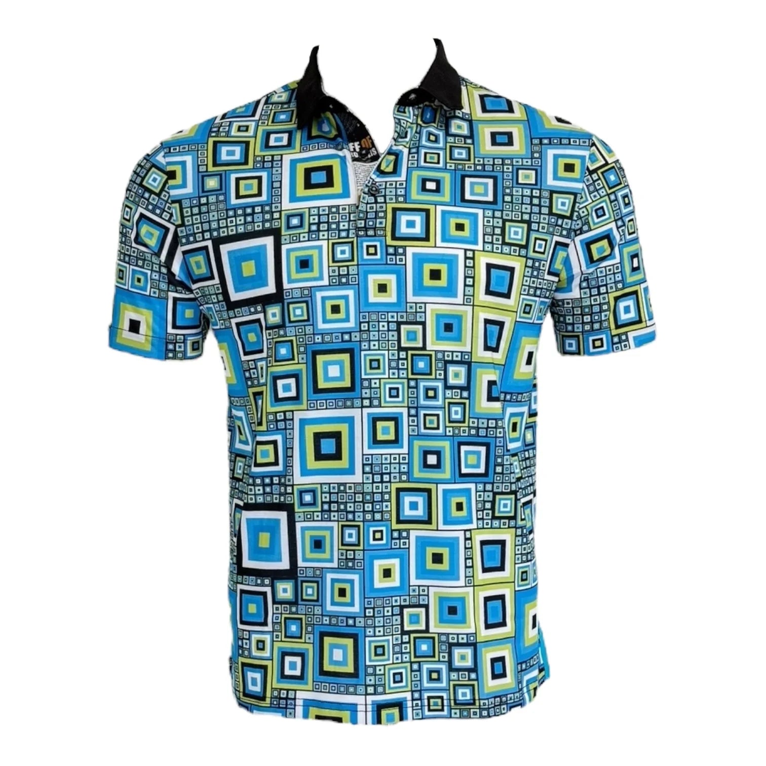 Colorful geometric patterned shirt on a white background