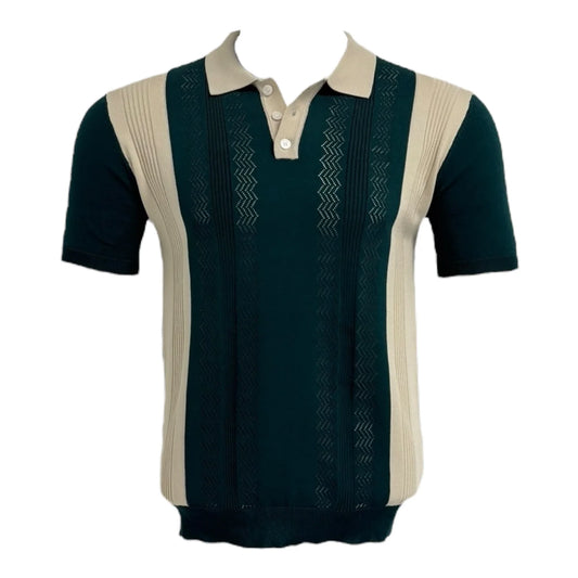 Green and beige patterned polo shirt on a white background