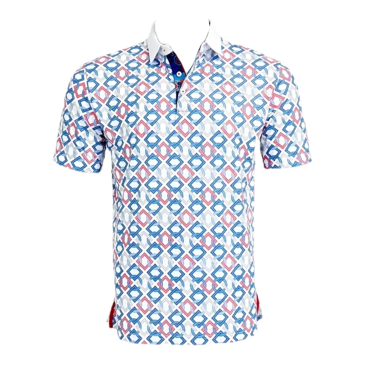Short-sleeve shirt with geometric pattern on a white background
