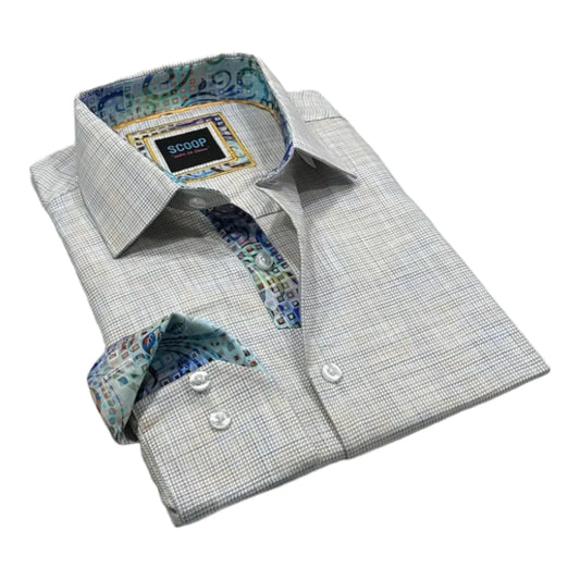 Folded light gray checkered shirt with patterned cuffs and collar on a white background
