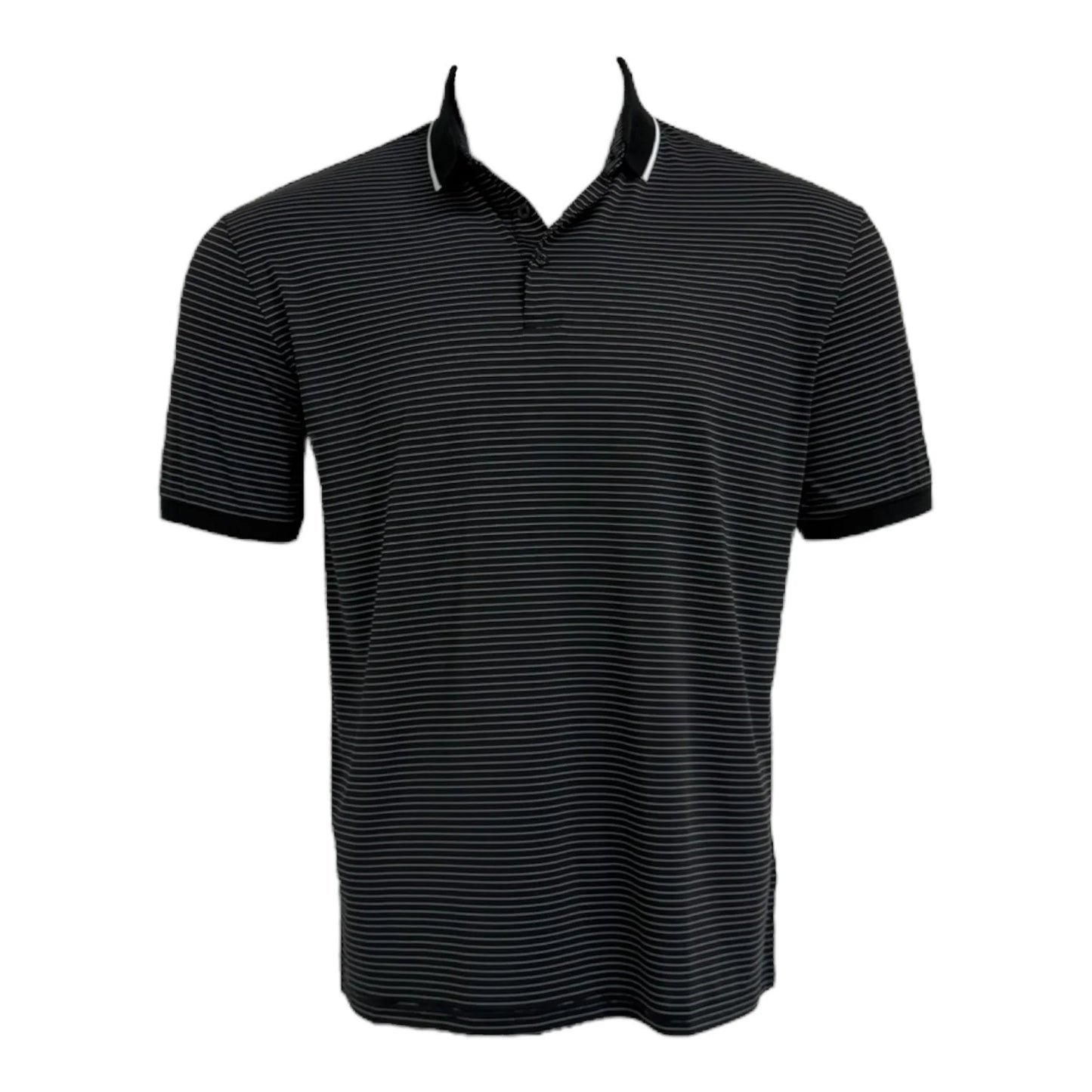 Black striped polo shirt on a white background