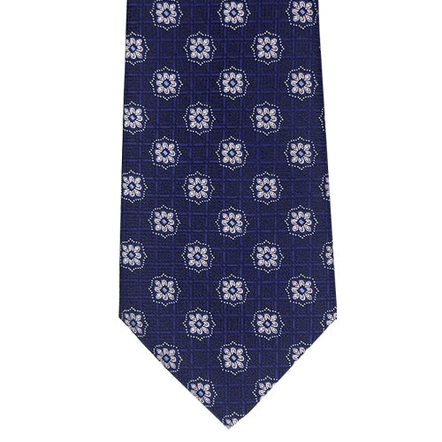 Navy blue tie with white floral pattern on a white background