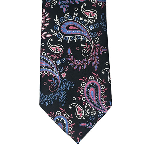 Navy blue tie with pink and blue paisley pattern on a white background
