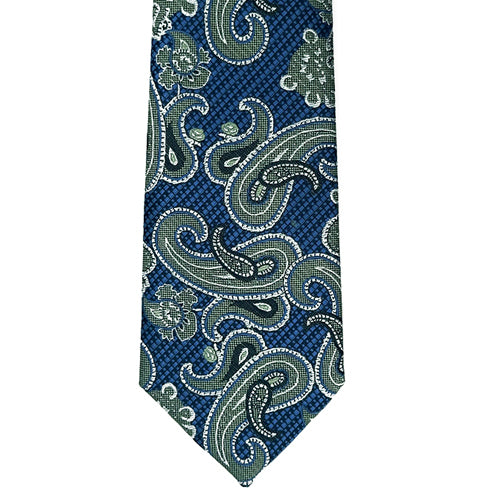 Blue paisley patterned tie on a white background