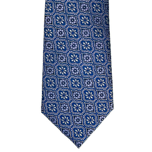Blue patterned tie on a white background