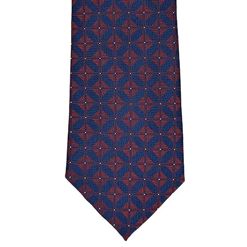 Navy blue tie with red geometric pattern on a white background