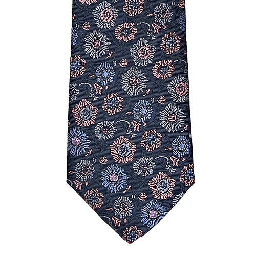 A dark navy blue necktie with an all-over floral pattern in dusty pink, light blue, and white, shown flat against a solid white background.