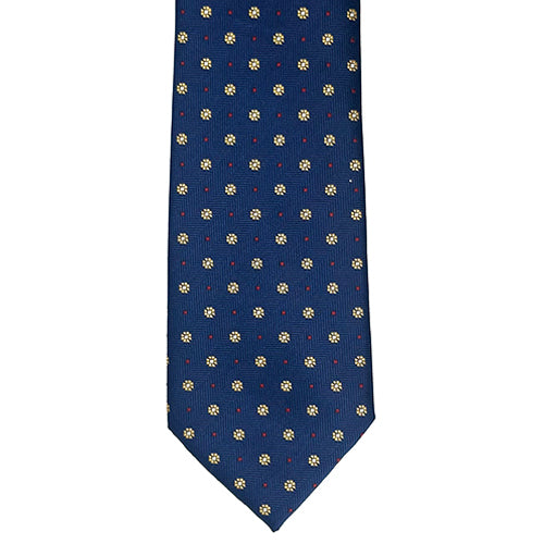 Navy blue tie with gold and red geometric pattern on a white background