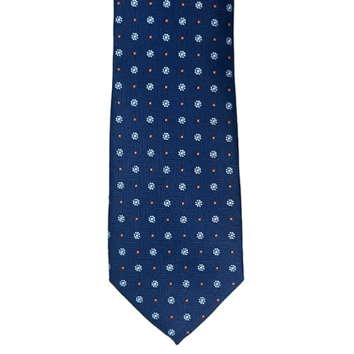 Navy blue tie with white and orange floral pattern on a white background
