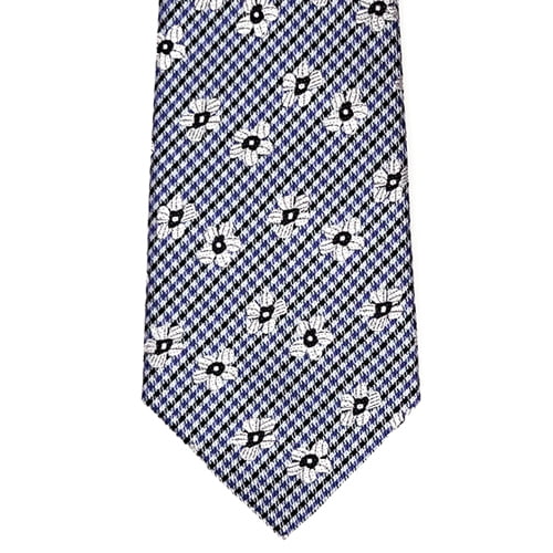 Navy and white striped tie with floral patterns on a white background