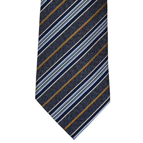 Striped tie with blue, gold, and white pattern on a white background
