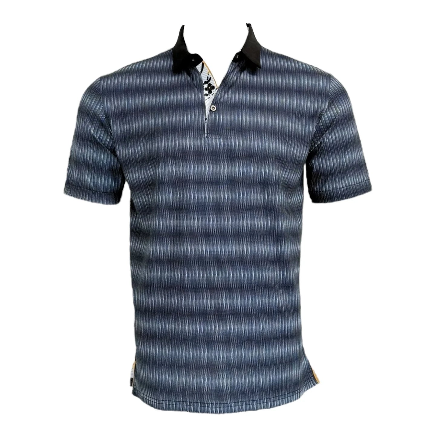 Blue striped polo shirt on a white background