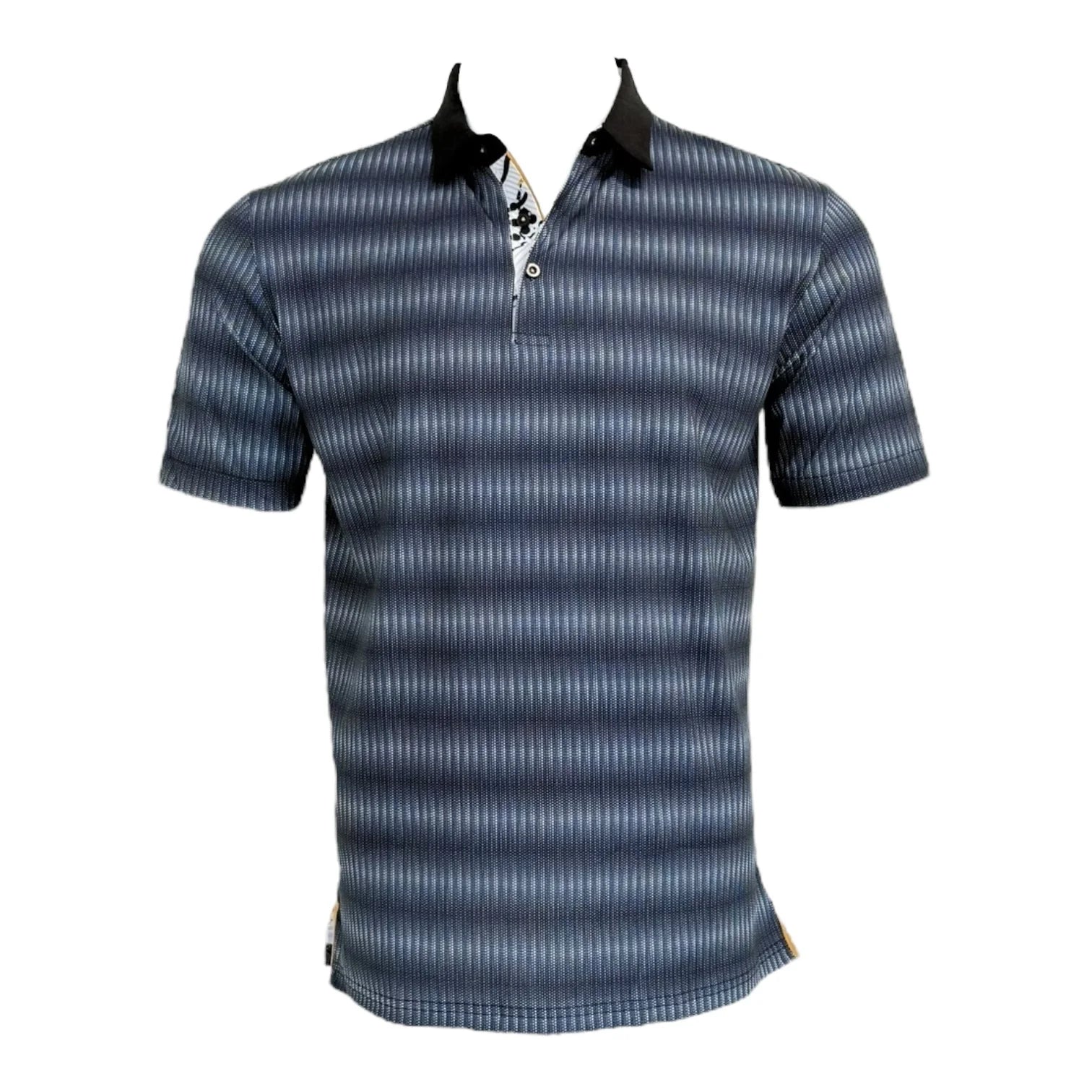 Blue striped polo shirt on a white background