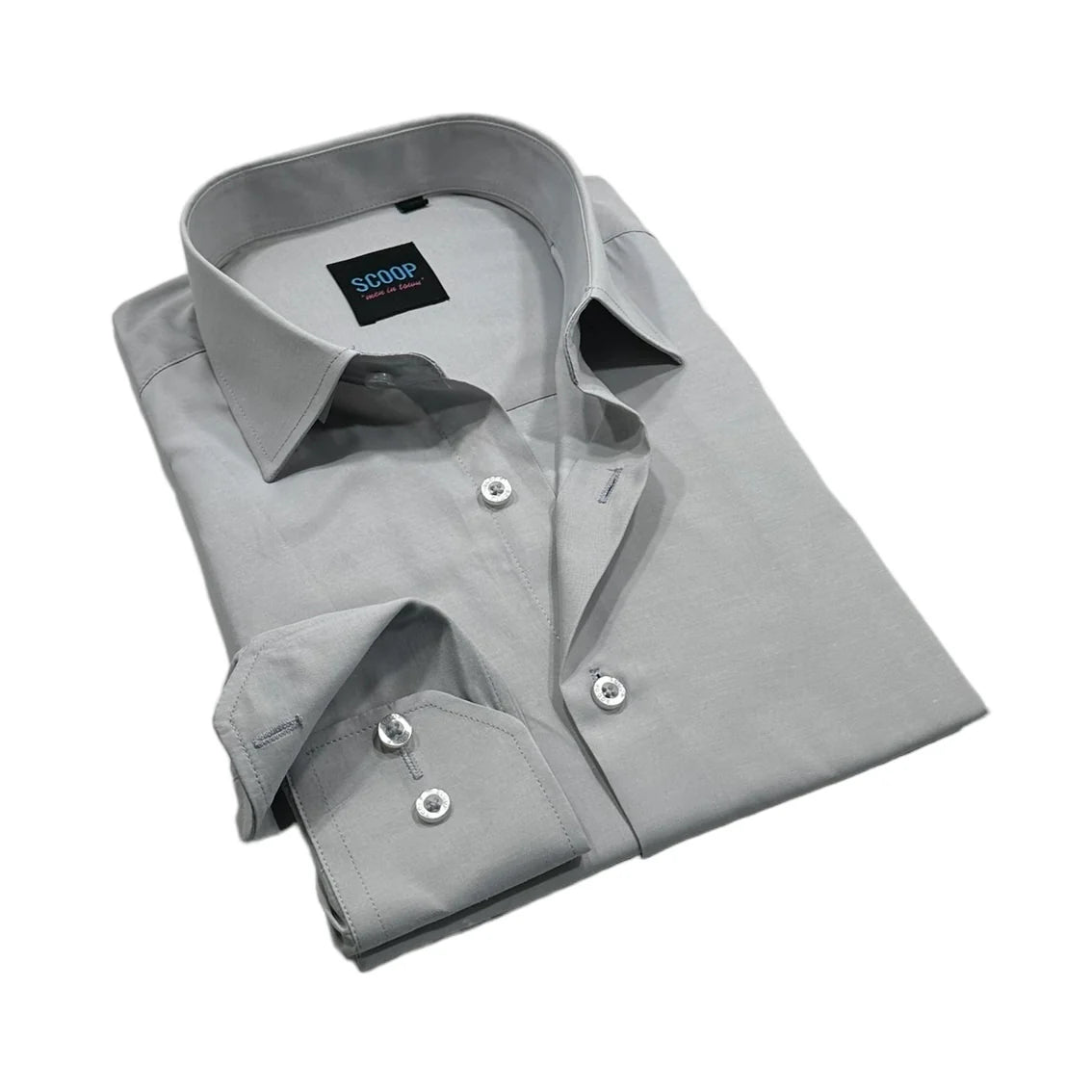 Folded silver dress shirt with a visible brand label on a white background