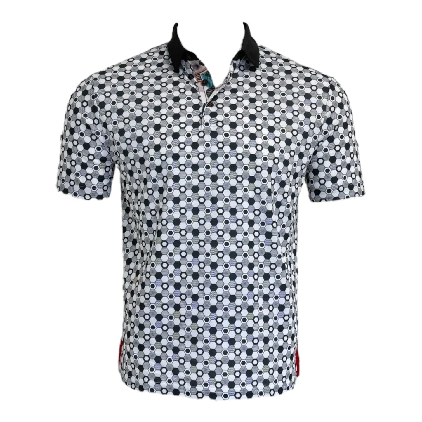 Short-sleeve shirt with a black and white pattern on a white background