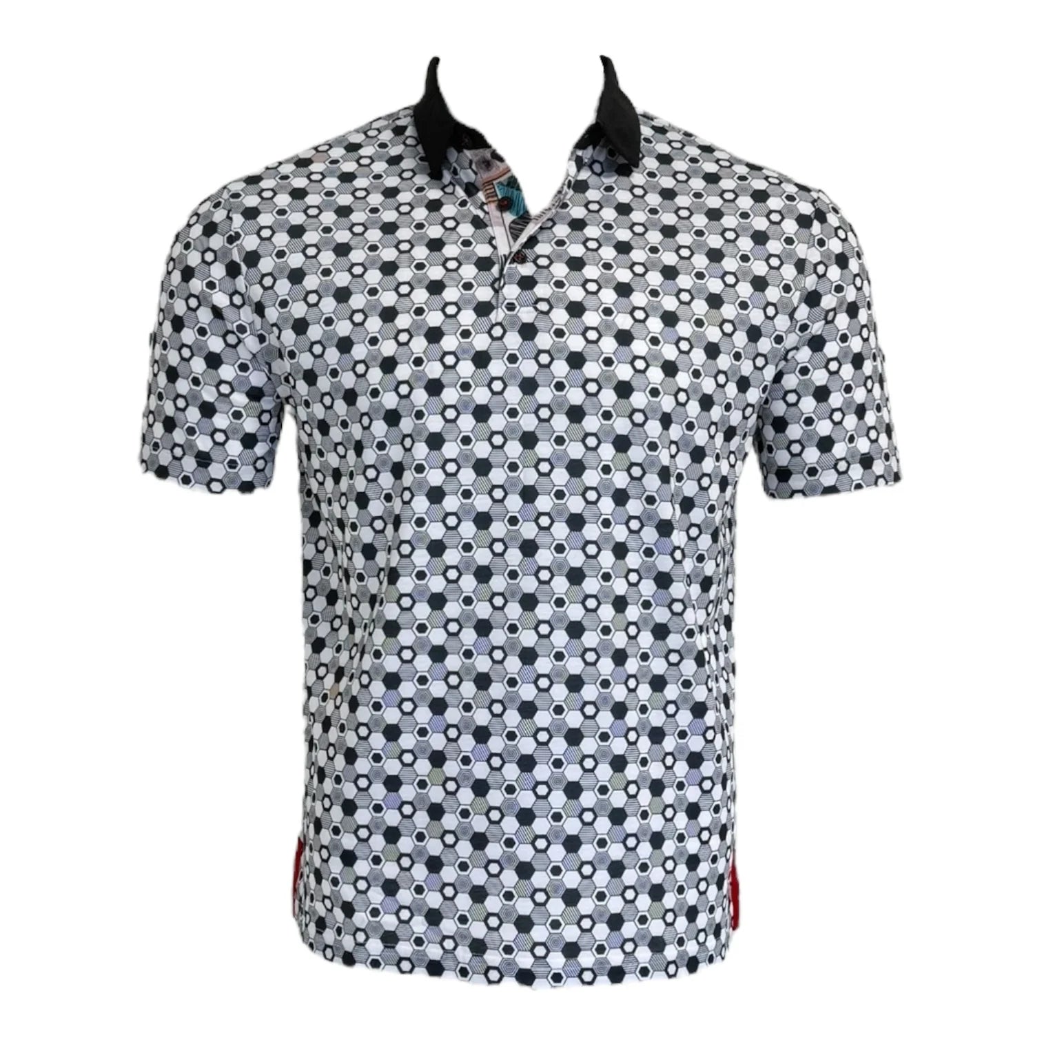 Short-sleeve shirt with a black and white pattern on a white background