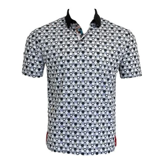 Short-sleeve shirt with a black and white pattern on a white background