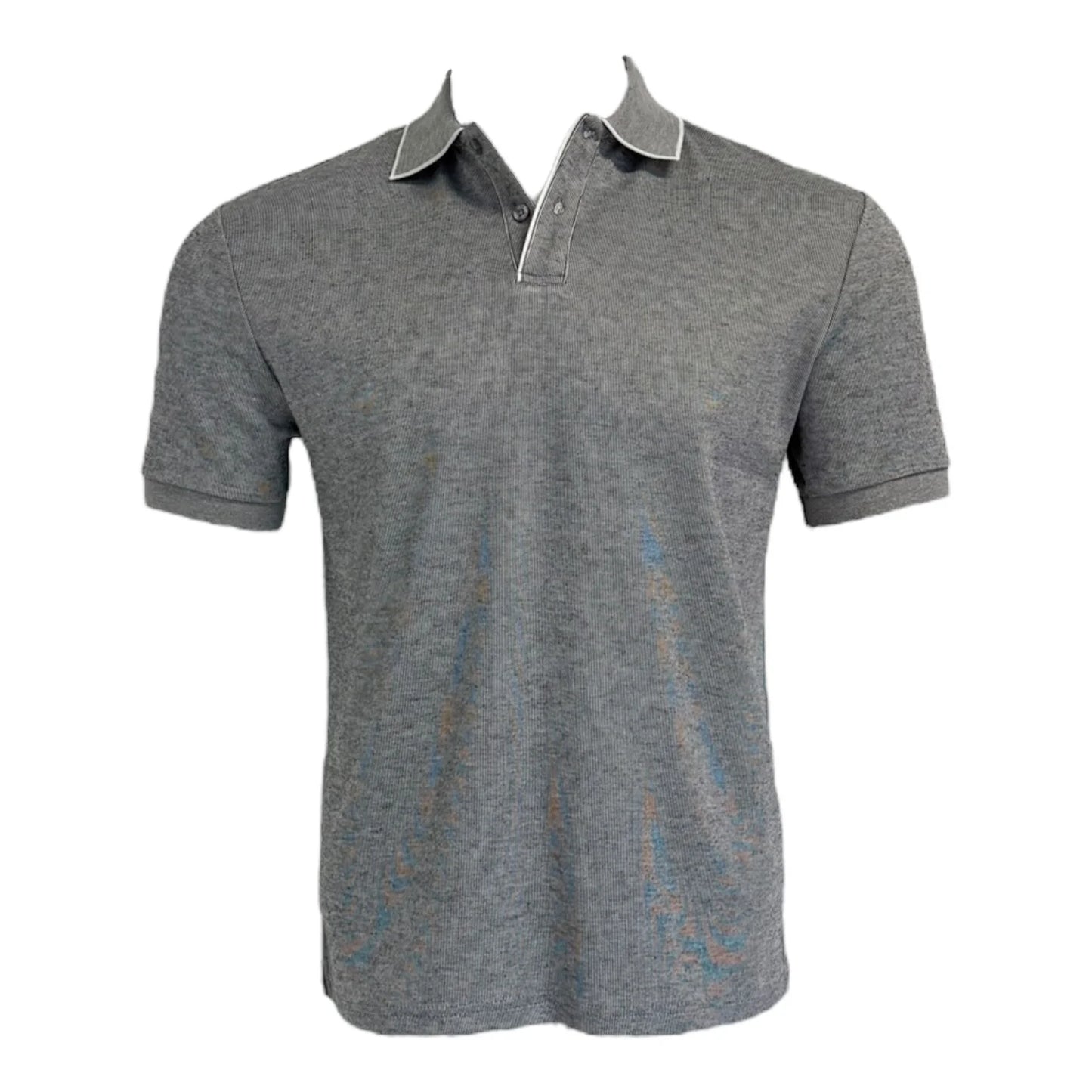 Gray polo shirt with white collar on a white background